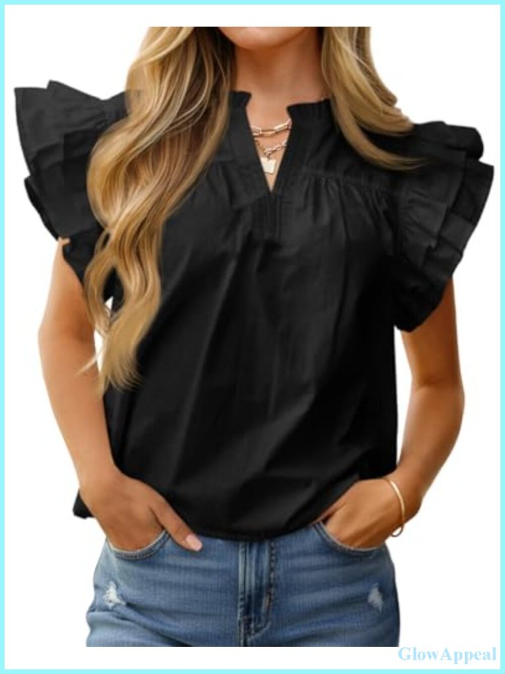 Ruffle Cap Sleeve Tank Top Cotton V Neck Dressy Casual Blouse